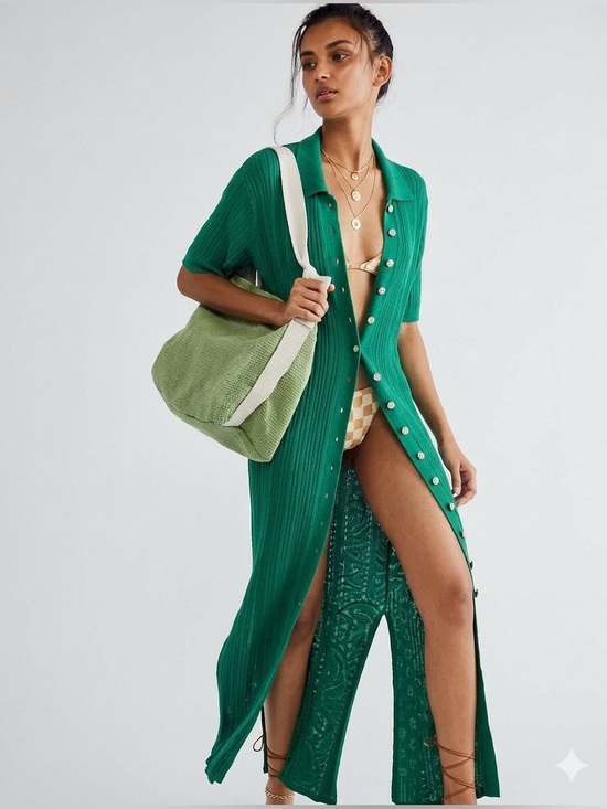 Free People Dresses & Skirts - Free People Beach 🌊 Riding Waves Sweater Midi Dress 🌅 Green Emerald Wave Size XS